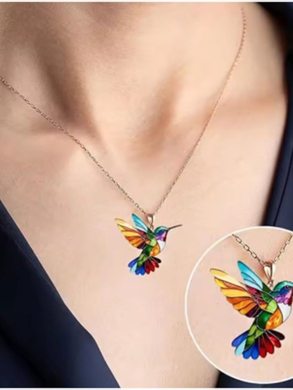 Rainbow Hummingbird Necklace Colorful Bird Pendant Nature Jewelry Gift - Picture 2 of 4